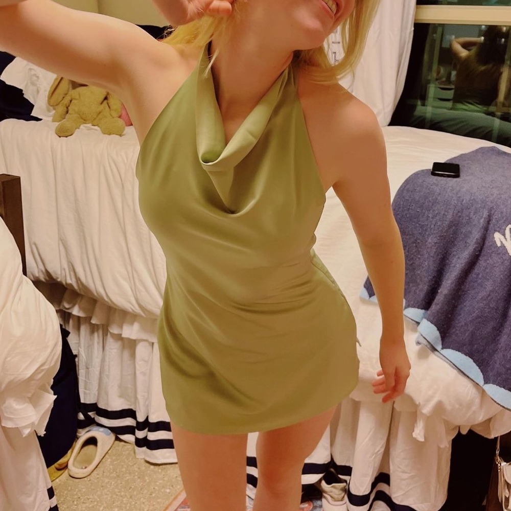 LE LIS Satin Sage Green Cocktail Hour Halter Dress